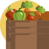 A wooden crate full of vegetables and fruits vector
