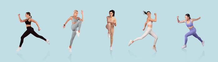 Five women showcase different dynamic athletic poses on a light blue backdrop. Their outfits vary in color and style, highlighting fitness and movement. photo