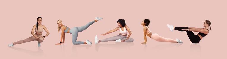 Five women demonstrate different athletic poses in a softly colored studio. Each person showcases strength and flexibility through their unique movements and expressions of fitness. photo