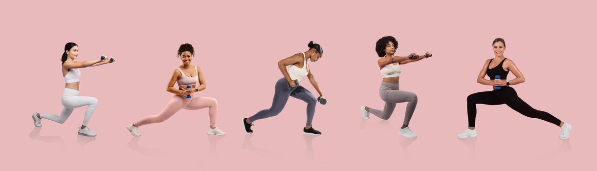 cinco mujer realizar varios fuerza formación ejercicios con pesas en un rosado antecedentes. ellos escaparate diferente cuerpo movimientos, enfatizando aptitud y salud. foto