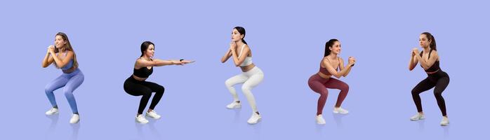 Groups of women in active wear are engaging in different squat exercises. Each is demonstrating their technique with focus and determination, showcasing strength and fitness. photo