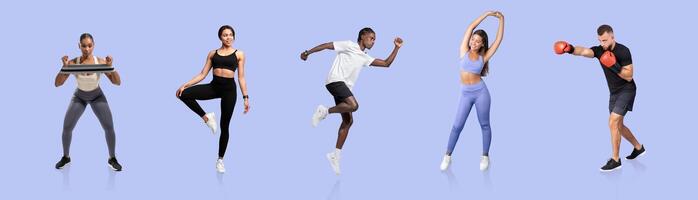 Five individuals are participating in different workouts. They are using weights, performing cardio, stretching, and boxing, showcasing a vibrant and active lifestyle from various angles. photo