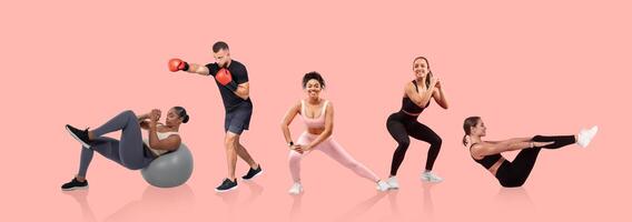 A diverse group of five individuals performs different workout routines in a bright, minimalist space. They focus on strength and cardio exercises, showcasing their commitment to fitness and health. photo