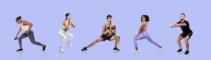 A group of diverse individuals engages in different workout activities, including weightlifting, squats, lunges, and bodyweight exercises, against a vibrant background. photo