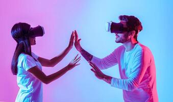 Love and modern technology. Millennial couple in virtual glasses touch each other with hands, profile, panorama, free space photo