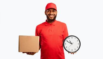 On-Time Delivery Service. Black Courier Man Holding Cardboard Box And Clock Smiling To Camera Standing In Studio On Yellow Background. photo