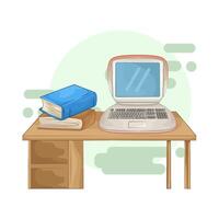 laptop and book stacks on the table vector