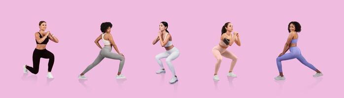 Five women demonstrate various workout moves, showcasing lunges and squats while dressed in colorful athletic wear. The background is a solid pink, creating a vibrant and energetic atmosphere. photo
