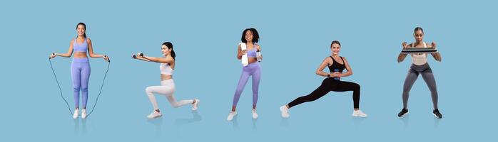 Five women perform different exercises including jumping rope, using weights, and lunges. They showcase strength and fitness, highlighting diverse workout techniques in an indoor setting. photo