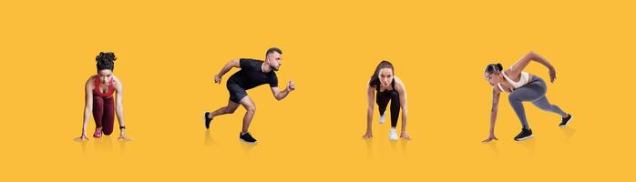 Four athletes are positioned in dynamic running stances, showcasing different phases of a sprint. Their energetic poses highlight determination and readiness against a bright yellow backdrop. photo