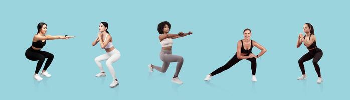 Five women are engaging in different fitness exercises, showcasing squats, lunges, and lateral movements. Each displays unique athletic wear and proper form. The background is a calming light blue. photo