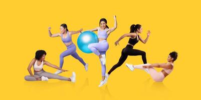 A diverse group of women showcases various athletic exercises, including stretching, jumping, and using a fitness ball. They exude energy and motivation in a vibrant yellow setting. photo