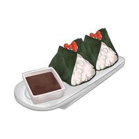 illustration of salmon roe onigiri with soy sauce vector