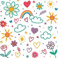 a colorful pattern with hearts, flowers and clouds vector
