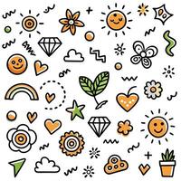 a set of colorful doodles with flowers, leaves and other objects vector