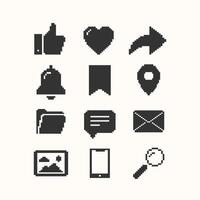 Social media icons. Set of symbols about likes, shares, comments, notification, email, and search. 8bit style. vector