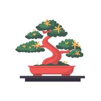 Bonsai tree with bright yellow flowers on display in a pot vector