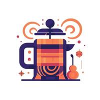 Stylish French press coffee maker with decorative elements vector