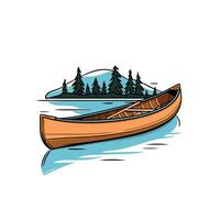 Canoe floating on calm water near forested mountain landscape vector