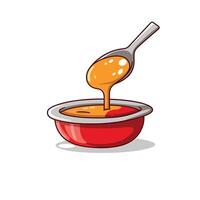 Spoonful of honey pouring into a red bowl on a white background vector