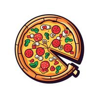 Sliced pizza with toppings on a wooden board in a fun, colorful design vector