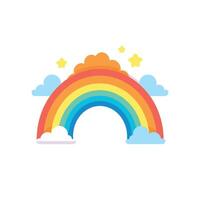 Bright rainbow arching over fluffy clouds with cheerful stars in the sky vector