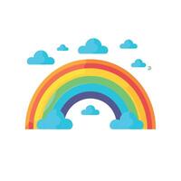 Bright rainbow arching across a clear sky with fluffy clouds above vector