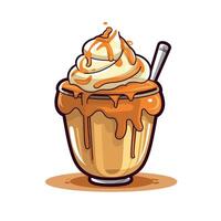 Creamy dessert topped with caramel sauce and a spoon on the side at a summer event vector