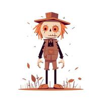 Scarecrow standing in a field surrounded by autumn leaves and a playful atmosphere vector