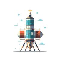 Spacecraft ready for launch at a futuristic spaceport with colorful design elements vector