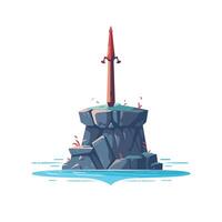 Sword embedded in a rocky island surrounded by calm water and green foliage vector