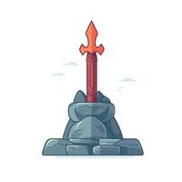 Sword embedded in stone on rocky pedestal under a cloudy sky vector