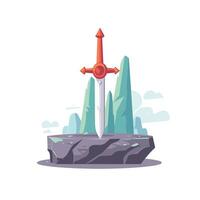 Sword embedded in stone at mystical location surrounded by mountains and clouds vector