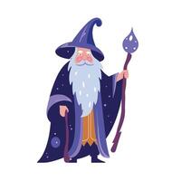 Wise wizard with a staff dressed in mystical attire against a magical backdrop vector