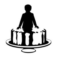 Child playfully standing in a giant cake during a festive celebration in a bright setting vector