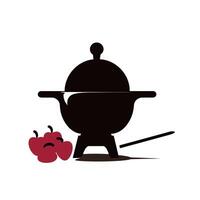 Fondue pot with melted cheese and apples on white background vector