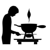 Cooking at a stovetop with steam rising from a pot during meal preparation vector