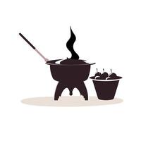 Delicious fondue pot with steam and a bowl of apples on a light background vector