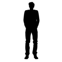 Silhouette of a person standing with hands in pockets against a bright background vector