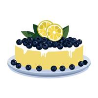Fresh lemon blueberry cake decorated with lemon slices and blueberries on a white plate vector