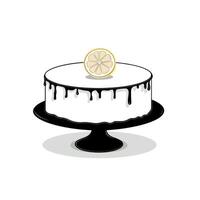 Delicious lemon cake on a black cake stand with white icing and a slice of lemon vector