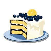 Delicious cake with blueberries and lemon on a blue plate in a bright setting vector