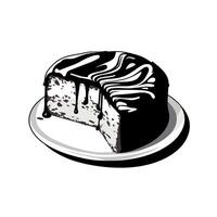 Delicious cake with chocolate icing and a slice removed, served on a white plate vector