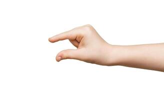 Kid hand measuring invisible items, child palm making gesture while showing small amount of something on white isolated background, side view, cutout photo