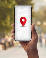 Smartphone With Opened Gps App With Red Pinpoint On Screen In Black Female Hand, Unrecognizable African American Woman Using Modern Application For Navigation In City, Creative Collage, Closeup photo