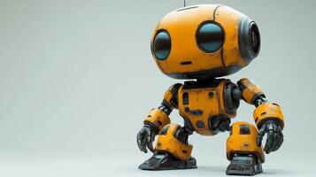A small, cheerful robotic character with a distinctive orange and black design stands against a plain background. Its large eyes and worn appearance suggest a playful personality. photo