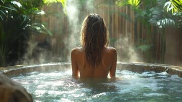 A person sits peacefully in a hot tub filled with steaming water, surrounded by vibrant plants in a tropical setting. The tranquil atmosphere invites relaxation. photo