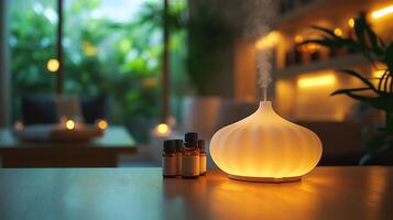 A cozy indoor environment filled with soft light from an aroma diffuser. Essential oil bottles are placed nearby, creating a tranquil atmosphere for relaxation. photo