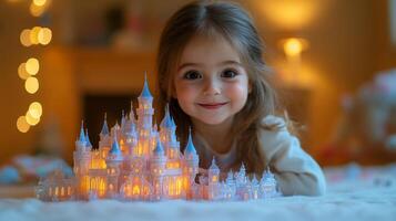 A cheerful young girl leans over a beautifully illuminated castle model, showcasing excitement in a warm and cozy indoor environment filled with soft lighting. photo