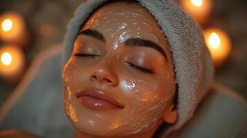 A young woman relaxes with a facial mask, her skin glowing under the warm light of surrounding candles. The atmosphere is tranquil and peaceful, promoting self-care. photo